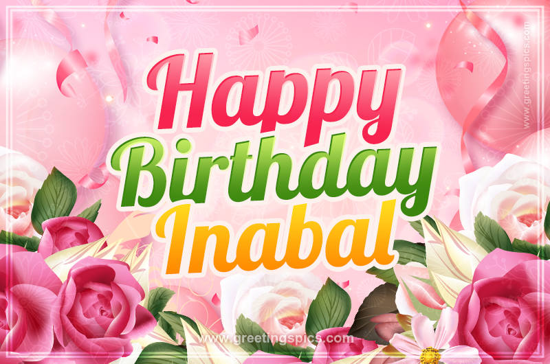 Image with gentle pink background and flowers Happy Birthday Inabal