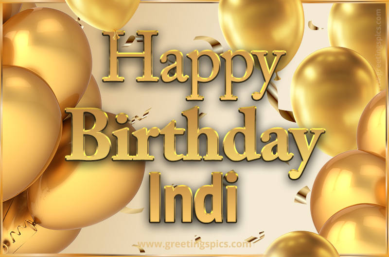 Happy Birthday Indi Card with golden confetti and balloons