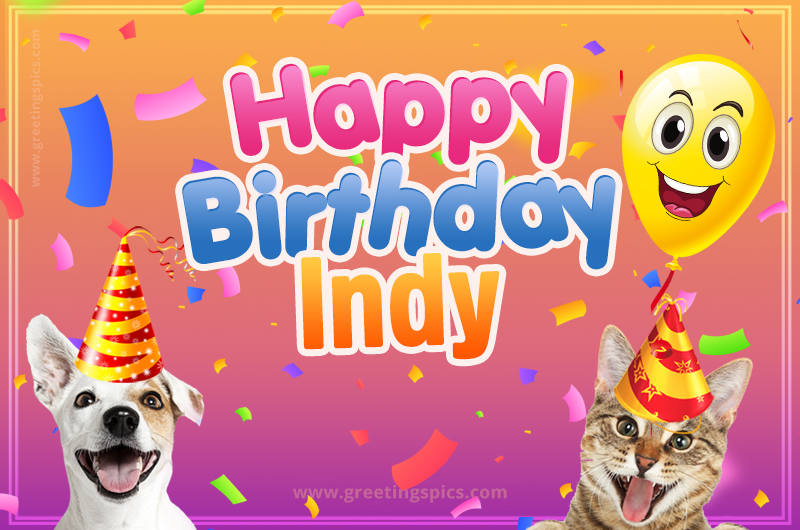 Happy Birthday Indy Funny Image with cat and dog