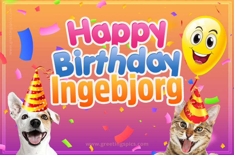 Happy Birthday Ingebjorg Funny Image with cat and dog