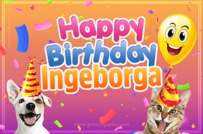 Happy Birthday Ingeborga Funny Image with cat and dog