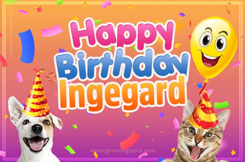 Happy Birthday Ingegard Funny Image with cat and dog