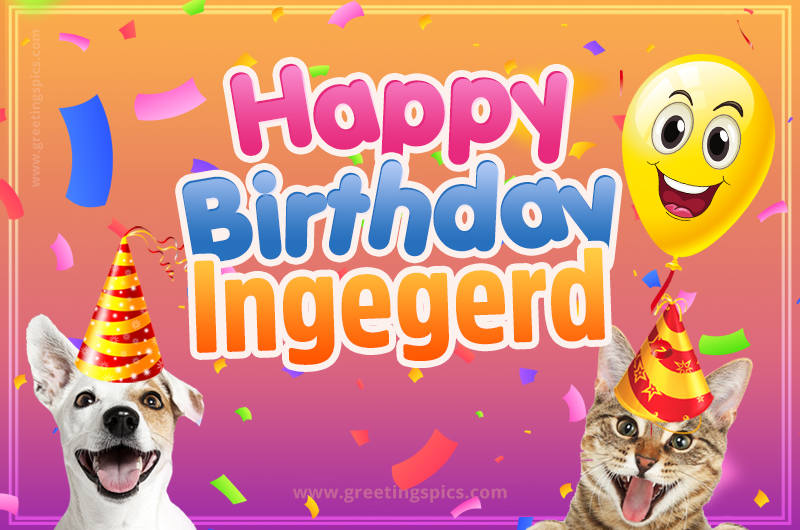 Happy Birthday Ingegerd Funny Image with cat and dog