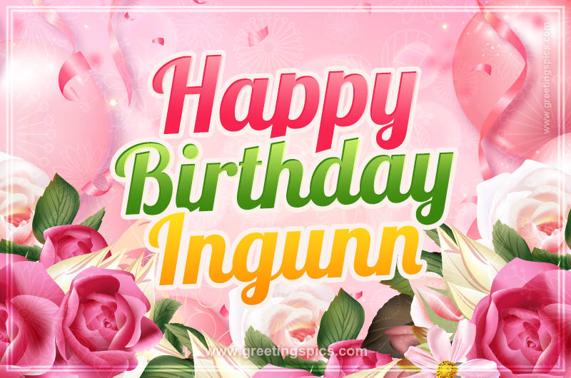 Image with gentle pink background and flowers Happy Birthday Ingunn