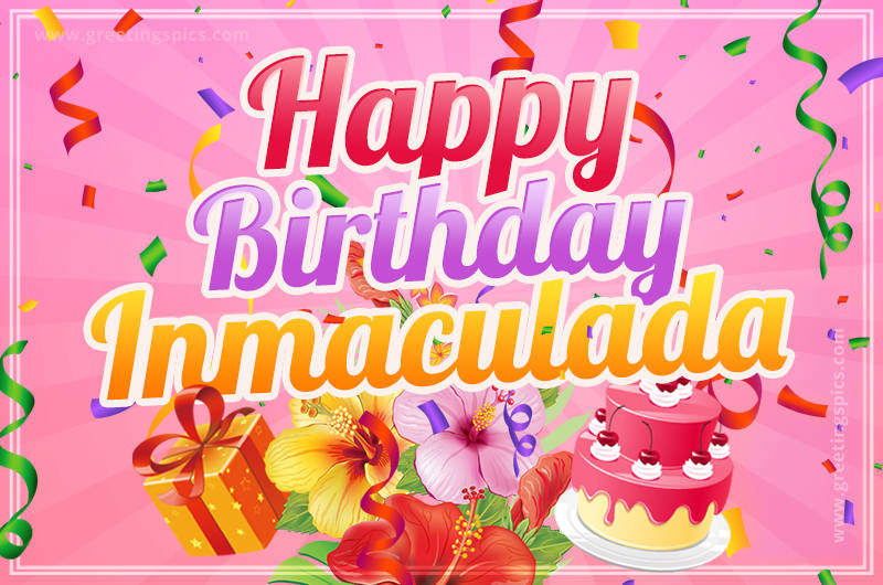 Beautiful Birthday Card for Inmaculada with Cake and bouquet of flowers