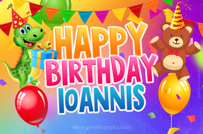 Happy Birthday Ioannis Image for a child with cute baby dinosaur and bear