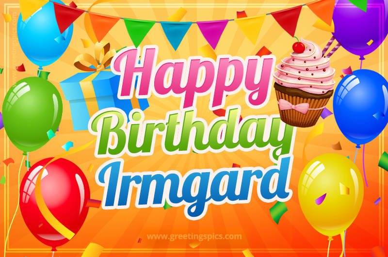 Happy Birthday Irmgard eCard with gift box and cupcake