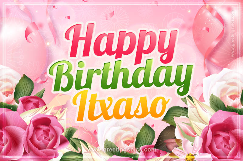 Image with gentle pink background and flowers Happy Birthday Itxaso