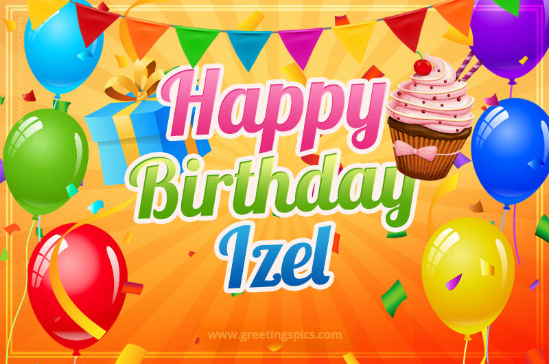 Happy Birthday Izel eCard with gift box and cupcake