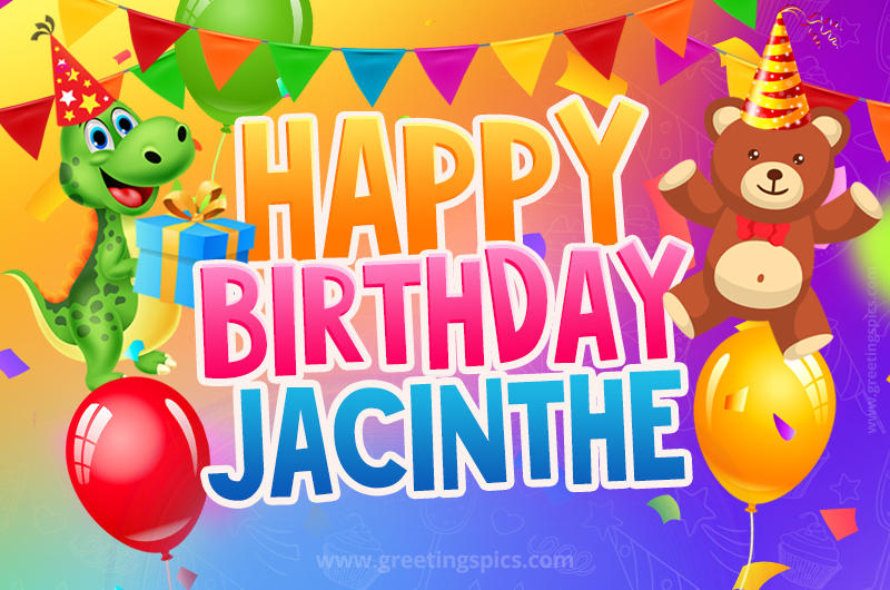 Happy Birthday Jacinthe Image for a child with cute dinosaur and bear