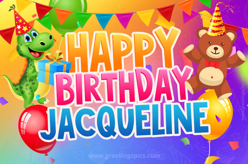 Happy Birthday Jacqueline Image for a child with cute dinosaur and bear