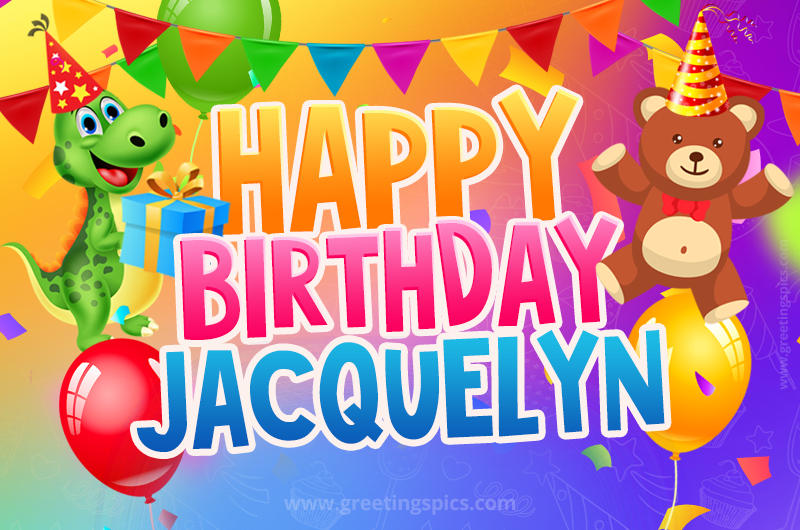 Happy Birthday Jacquelyn Image for a child with cute dinosaur and bear