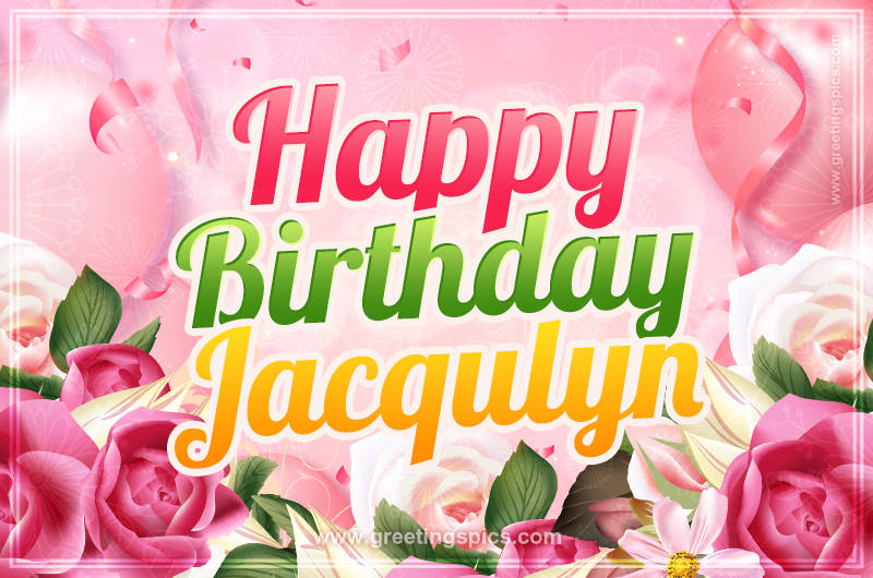 Image with gentle pink background and flowers Happy Birthday Jacqulyn