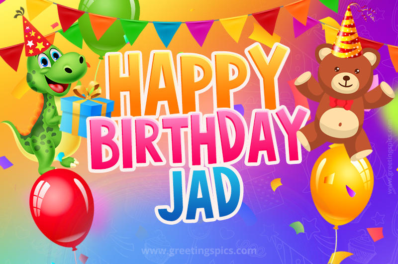 Happy Birthday Jad Image for a child with cute baby dinosaur and bear