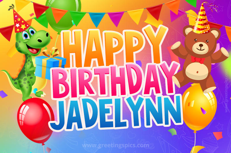 Happy Birthday Jadelynn Image for a child with cute dinosaur and bear