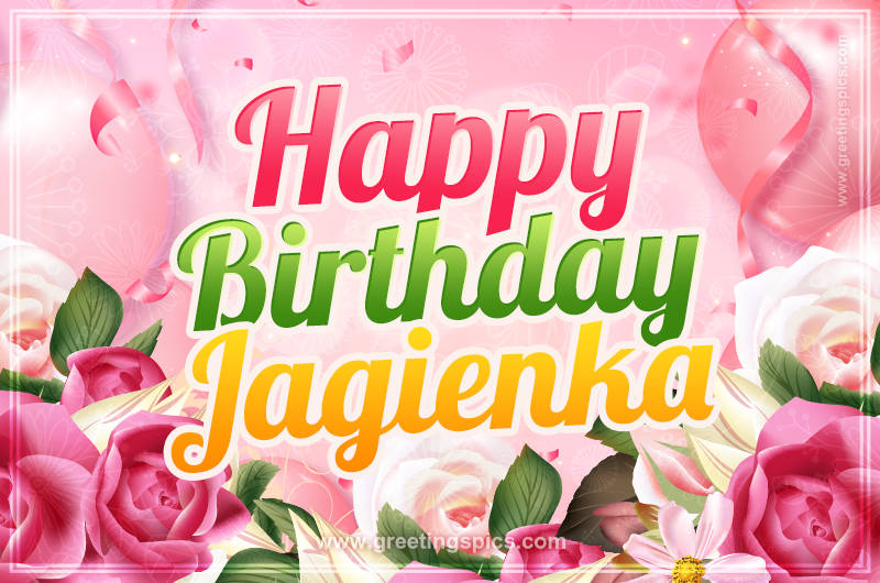 Image with gentle pink background and flowers Happy Birthday Jagienka