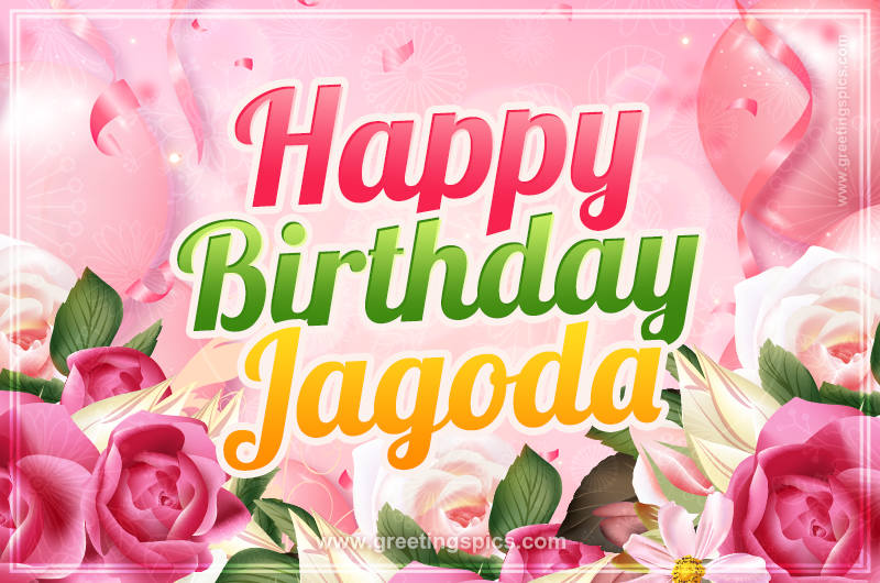 Image with gentle pink background and flowers Happy Birthday Jagoda