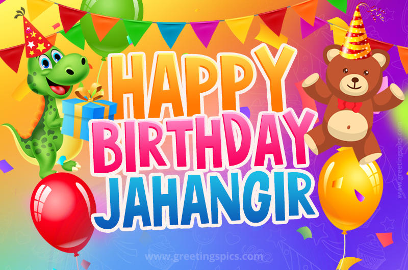 Happy Birthday Jahangir Image for a child with cute baby dinosaur and bear