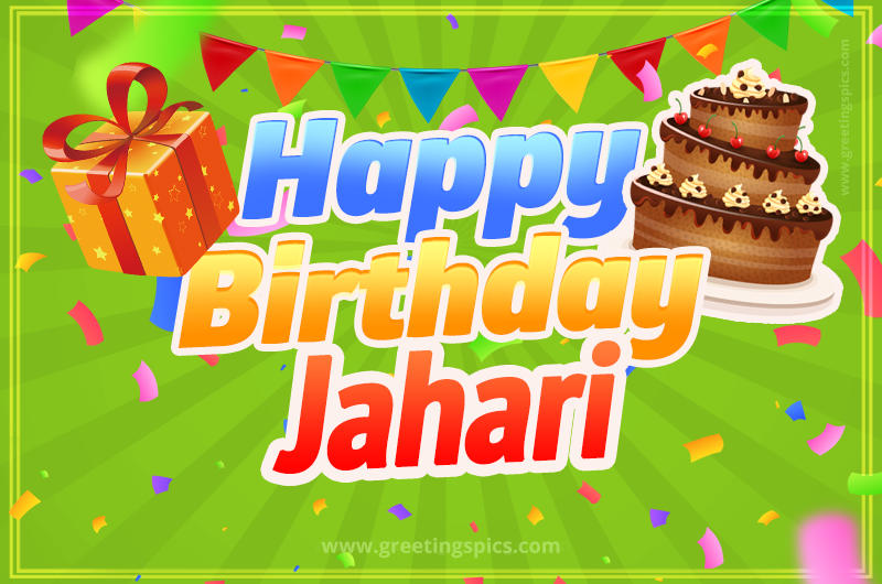 Happy Birthday Jahari picture with flags, chocolate cake and gift box