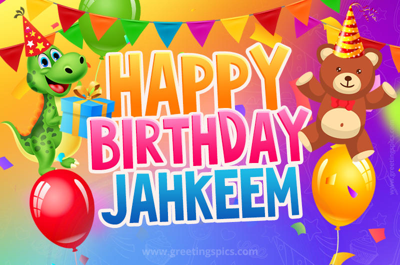 Happy Birthday Jahkeem Image for a child with cute baby dinosaur and bear