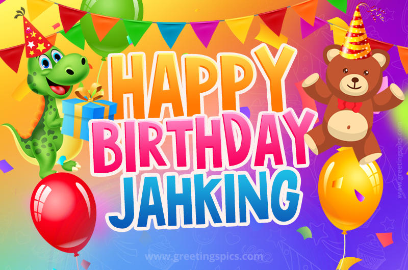 Happy Birthday Jahking Image for a child with cute baby dinosaur and bear