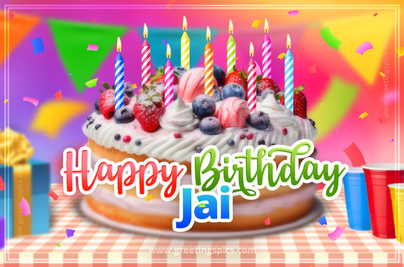 Happy Birthday Jai Colorful Image with fruit cake and candles