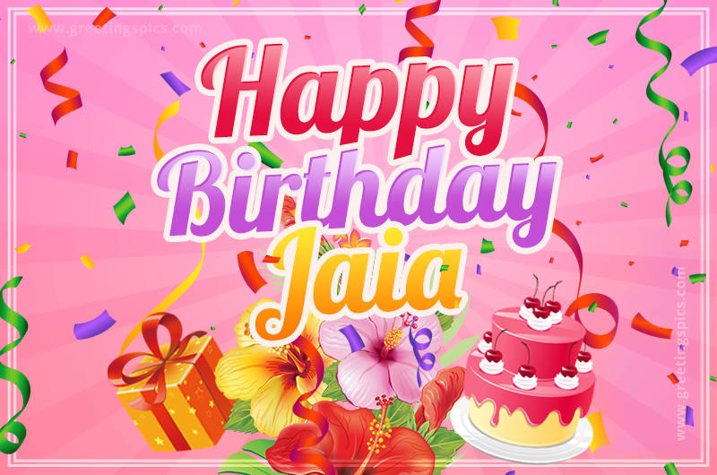 Beautiful Birthday Card for Jaia with Cake and bouquet of flowers