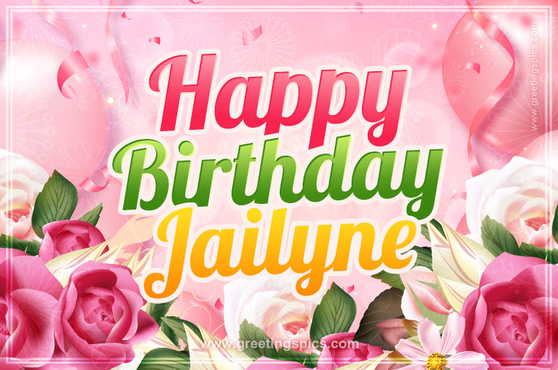 Image with gentle pink background and flowers Happy Birthday Jailyne