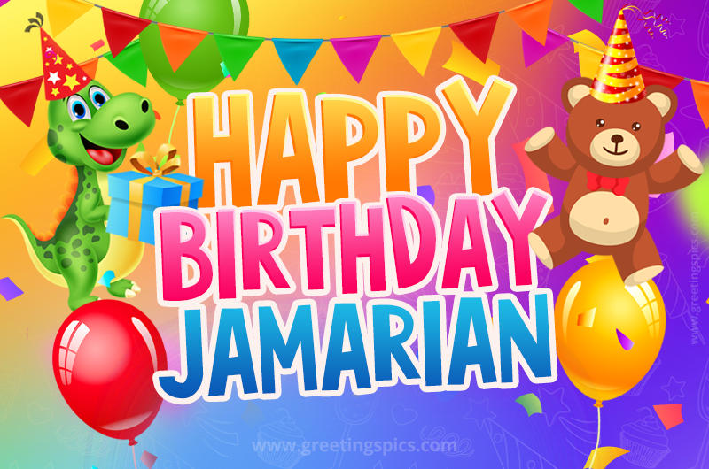 Happy Birthday Jamarian Image for a child with cute baby dinosaur and bear