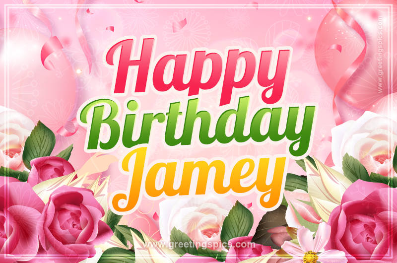 Image with gentle pink background and flowers Happy Birthday Jamey