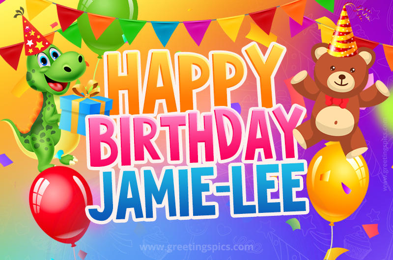 Happy Birthday Jamie-Lee Image for a child with cute dinosaur and bear