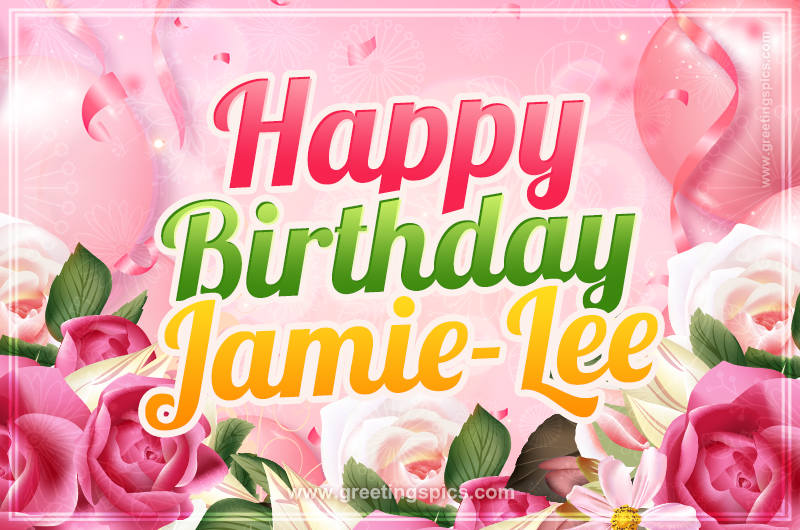 Image with gentle pink background and flowers Happy Birthday Jamie-Lee