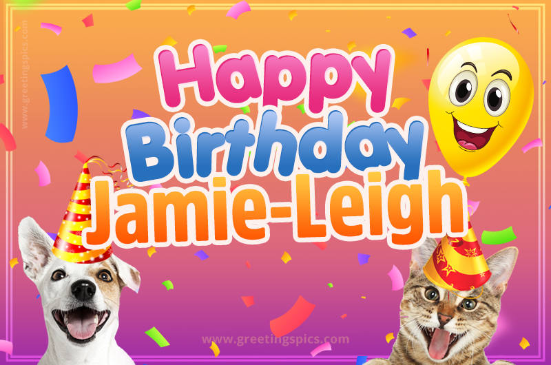 Happy Birthday Jamie-Leigh Funny Image with cat and dog