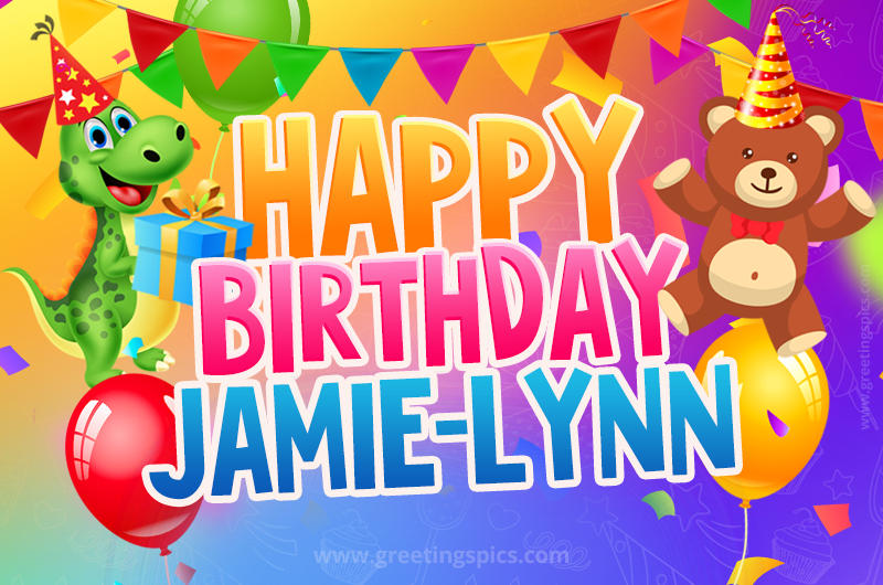 Happy Birthday Jamie-Lynn Image for a child with cute dinosaur and bear