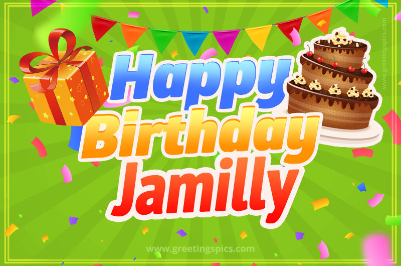 Happy Birthday Jamilly picture with flags, chocolate cake and gift box