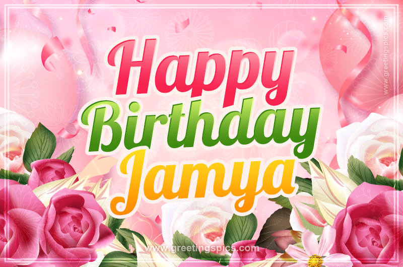 Image with gentle pink background and flowers Happy Birthday Jamya