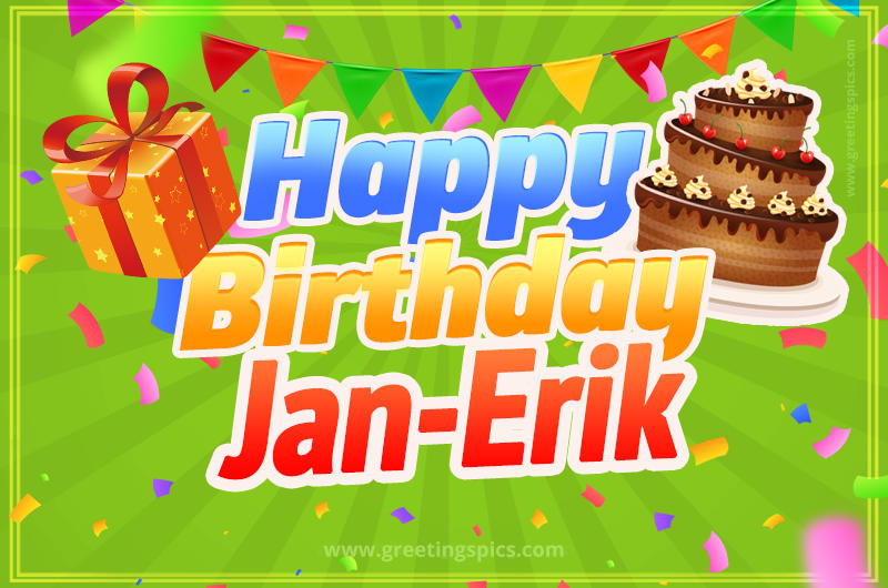 Happy Birthday Jan-Erik picture with flags, chocolate cake and gift box