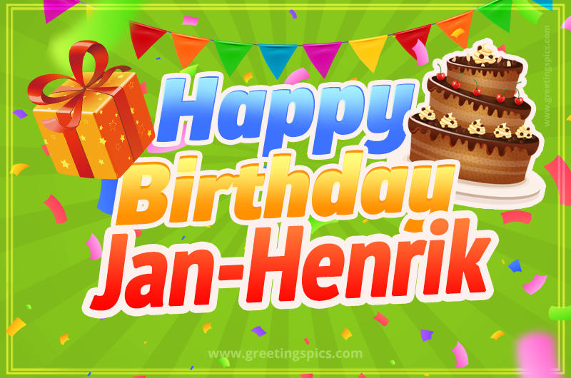 Happy Birthday Jan-Henrik picture with flags, chocolate cake and gift box