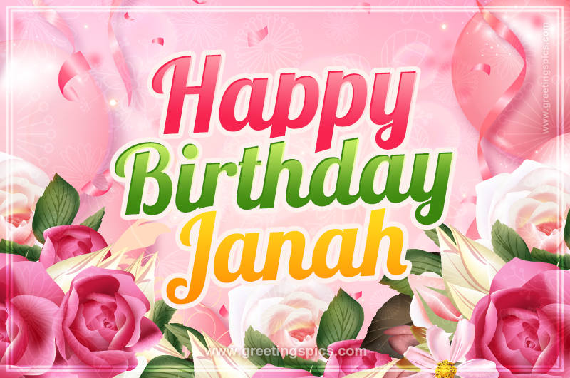 Image with gentle pink background and flowers Happy Birthday Janah