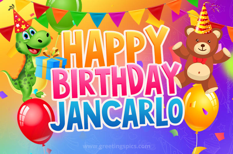 Happy Birthday Jancarlo Image for a child with cute baby dinosaur and bear