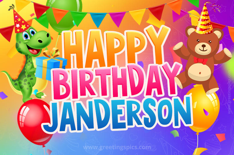 Happy Birthday Janderson Image for a child with cute baby dinosaur and bear