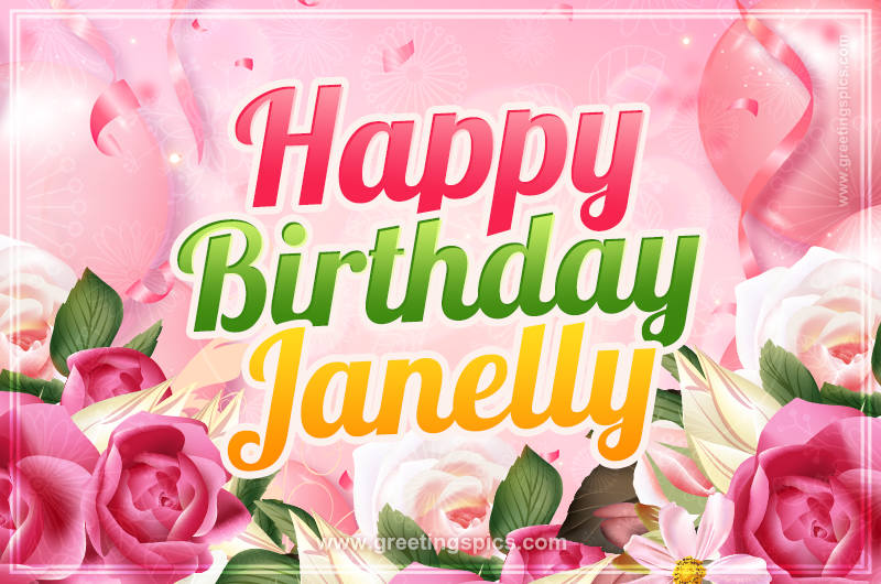 Image with gentle pink background and flowers Happy Birthday Janelly