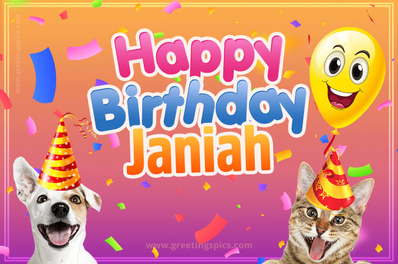 Happy Birthday Janiah Funny Image with cat and dog