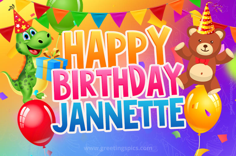 Happy Birthday Jannette Image for a child with cute dinosaur and bear