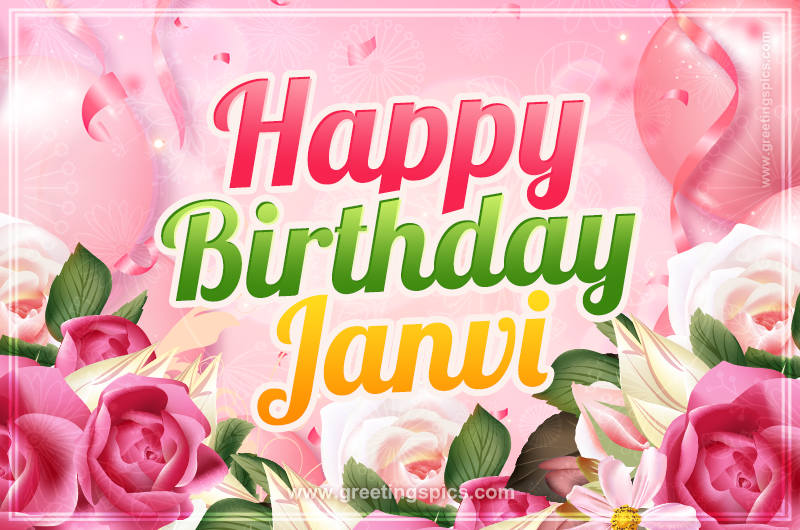 Image with gentle pink background and flowers Happy Birthday Janvi