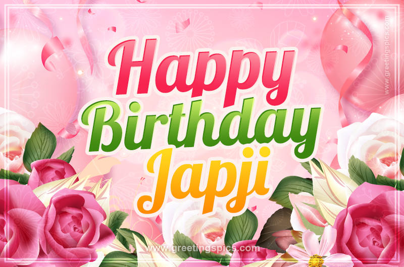 Image with gentle pink background and flowers Happy Birthday Japji