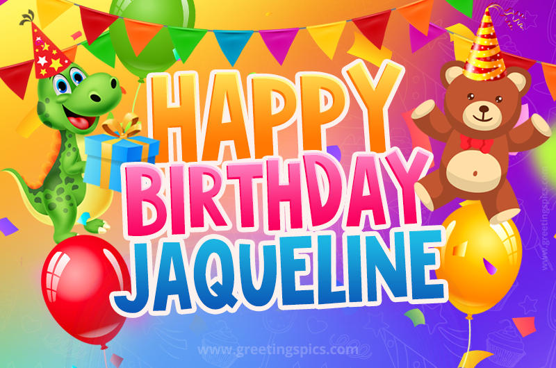 Happy Birthday Jaqueline Image for a child with cute dinosaur and bear