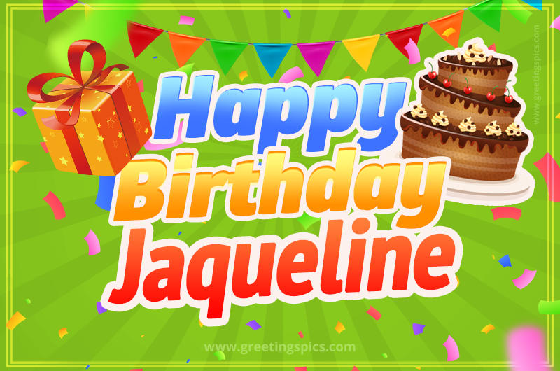 Happy Birthday Jaqueline picture with flags, chocolate cake and gift box