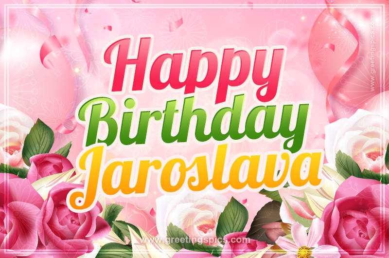 Image with gentle pink background and flowers Happy Birthday Jaroslava