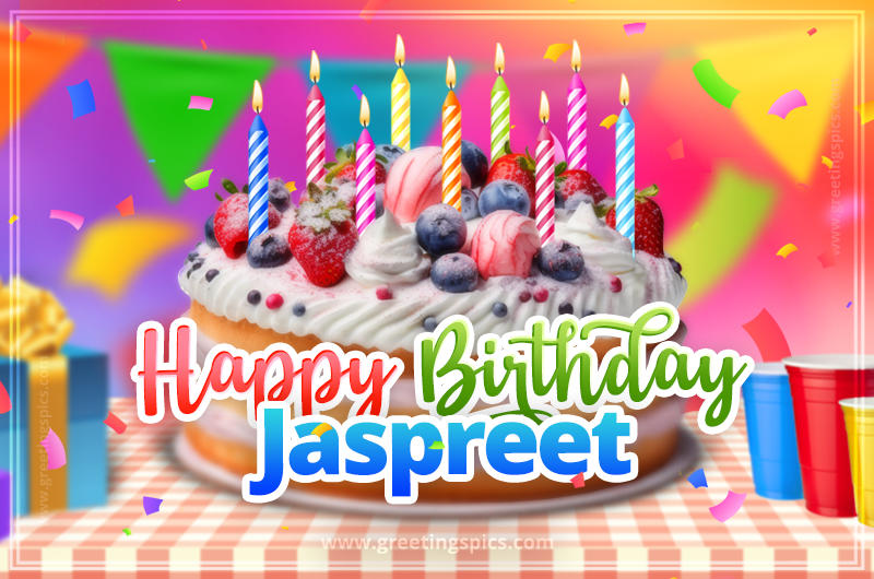 Happy Birthday Jaspreet Colorful Image with fruit cake and candles